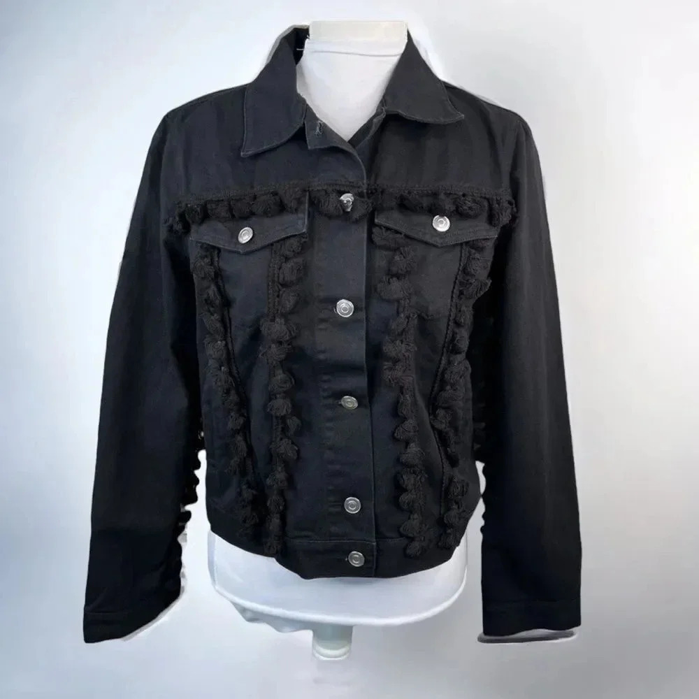 Free the Roses Black Jean Jacket With Tassels Button Front NEW Size S